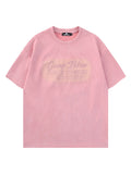 Retro Lettered Embroidered Print Suede T-Shirt