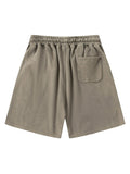 Retro Washed Holed Solid Color Drawstring Shorts