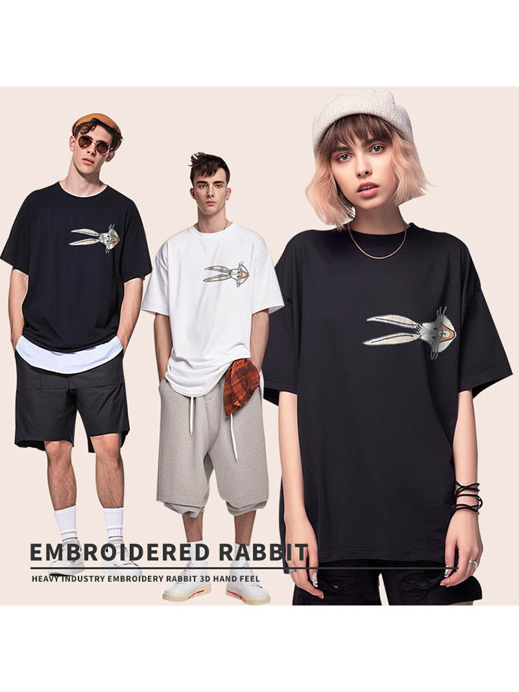 Men'S Flowy Cotton T-Shirts With Rabbit Embroidery