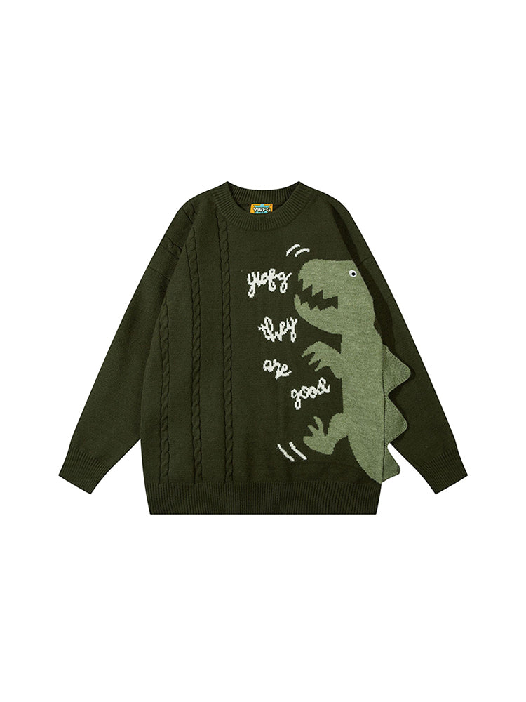 Men'S Loose Cartoon Dinosaur Knit Sweater