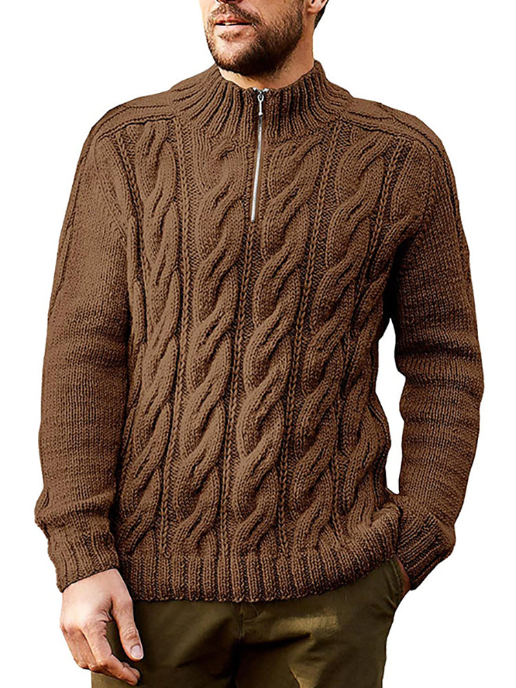 Zipper Solid Color Crew Neck Knitted Sweater