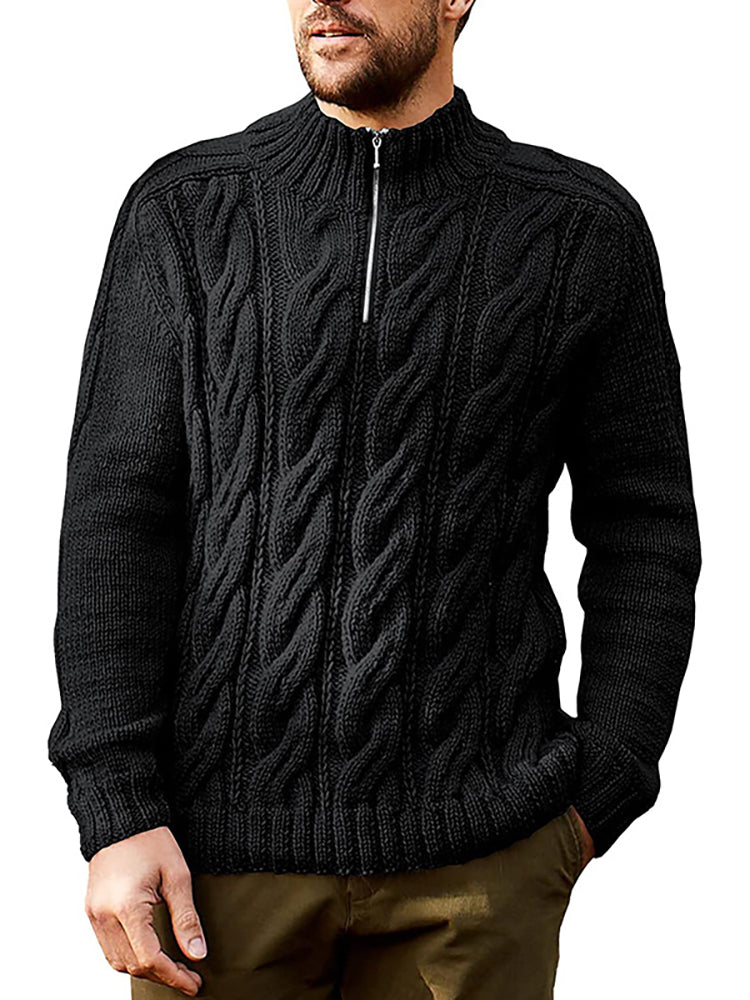 Zipper Solid Color Crew Neck Knitted Sweater