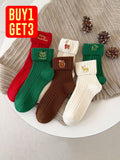 Three Pairs Christmas Socks Cute Socks Red New Year Cotton Socks Embroidered Cartoon Socks