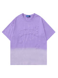 Gradient Retro Letters Short Sleeve Trendy Stars Embroidered Tie-Dye Casual Round Neck Loose T-Shirt