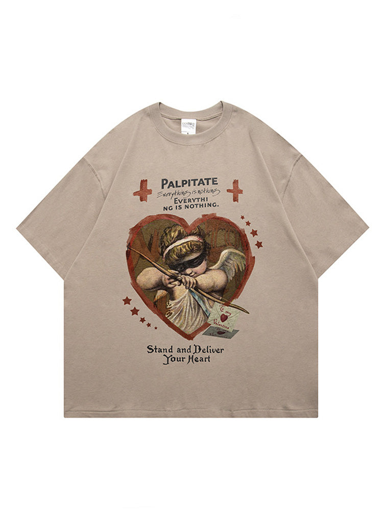 Vintage Angel Heart Print Long Pile Cotton Short Sleeve T-Shirt