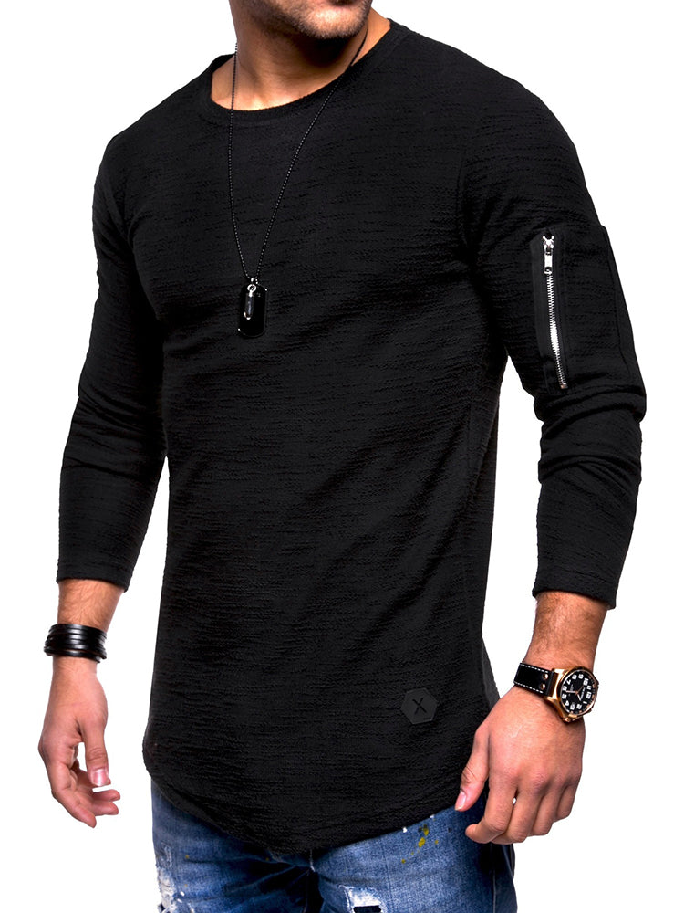 Slim Arm Zipper Solid Color Long-Sleeved T-Shirts