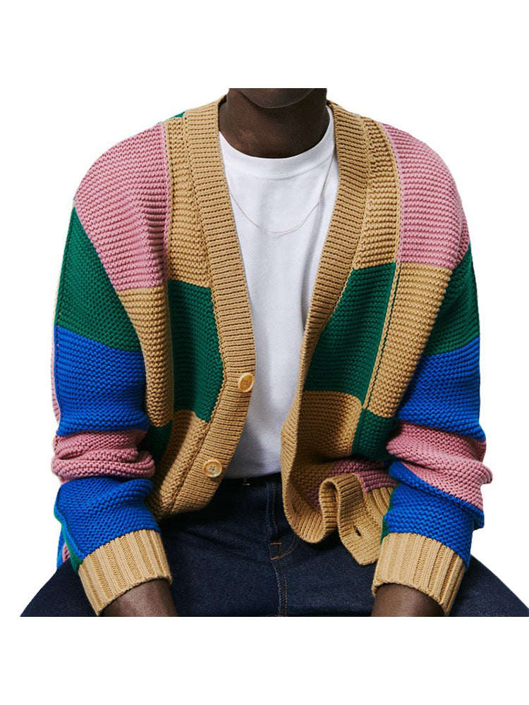Contrast Color Jacquard Knitted Cardigan Sweater
