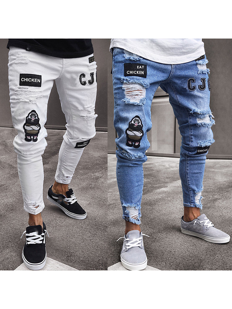 Hip Hop Cartoon Print Ripped Jeans