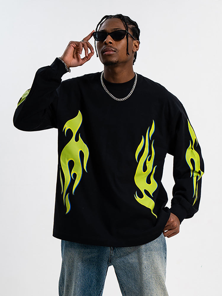 Men'S Loose T-Shirts With Fluorescent Green Fireworks