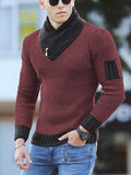 Scarf Collar Knitted Pullover Long Sleeve Patchwork Sweater