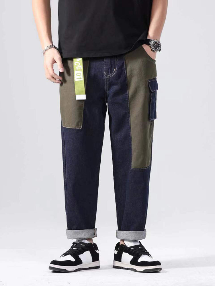 Patchwork Loose Straight Trendy Cropped Casual Wide Leg Pants For Men