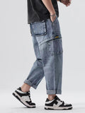 Street Fashion Vintage Ripped Patchwork Straight Leg Men'S Cropped Jeans