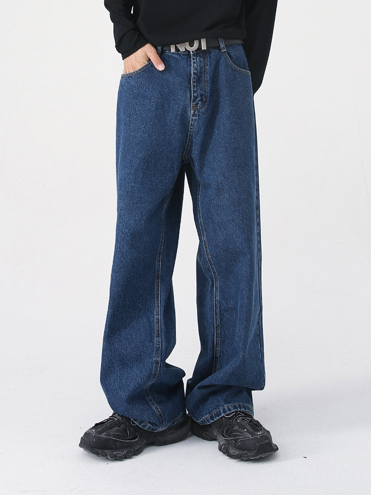 Loose Semi-Elastic Waist Straight Leg Denim Jean