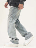 Street Splicing Light-Colored Straight Casual Jeans Loose Design Men'S Pants