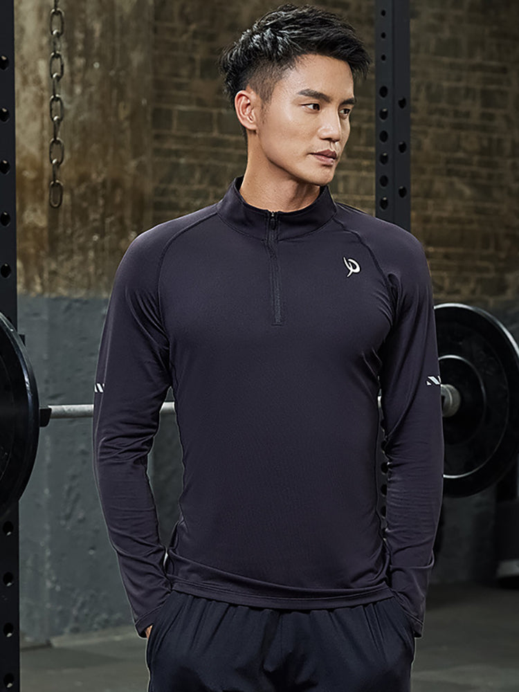 Long-Sleeved T-Shirt Men Running Sports Quick Dry Athletics Marathon Basketball Fitness Clothes Stand Collar Tops
