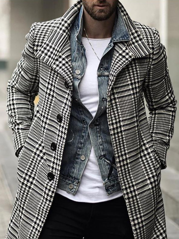 New Fashion Lapel Single-Breasted Plaid Mid-Length Windbreaker Jacket