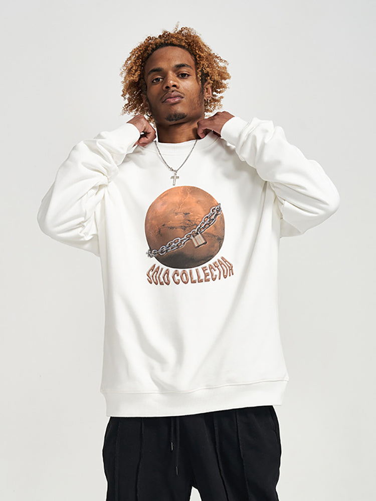 Chain Planet Letter Print Crew Neck Casual Loose Men'S Hoodies