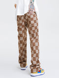 Loose Straight Street Fashion Casual Splicing Colour Jacquard Checkered Jeans