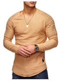 Men'S Round Neck Slim Solid Colour Long-Sleeved Striped Ruffle T-Shirt
