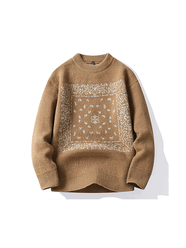 Crew Neck Sweater Men Loose Print Thickening Knitting Sweater