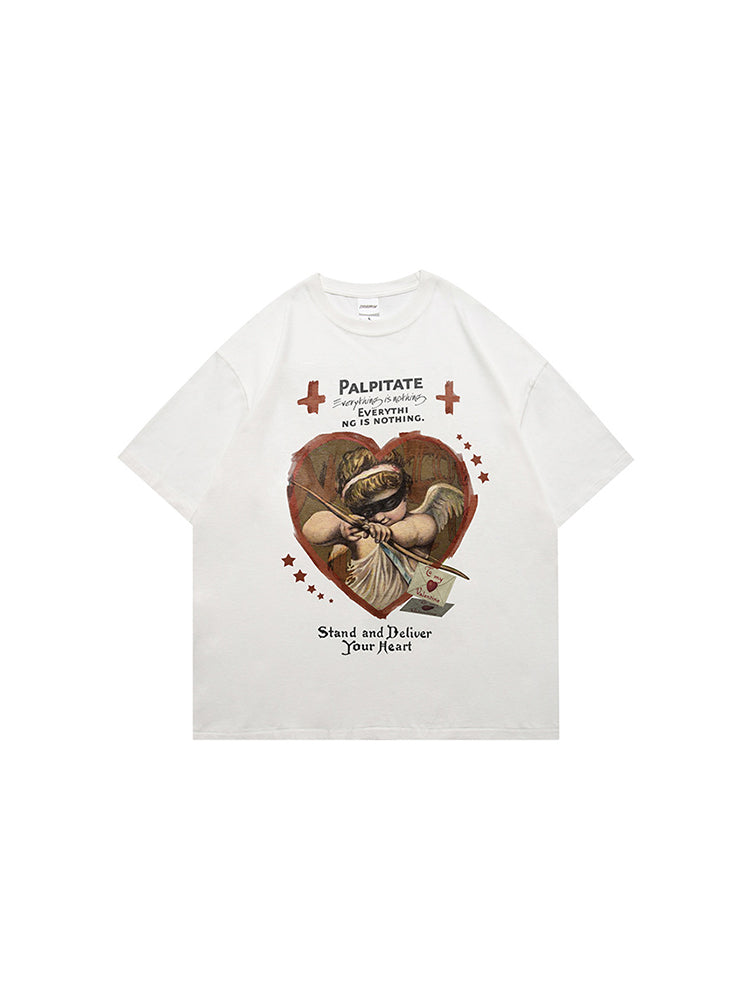 Vintage Angel Heart Print Long Pile Cotton Short Sleeve T-Shirt