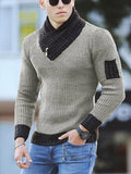 Scarf Collar Knitted Pullover Long Sleeve Patchwork Sweater