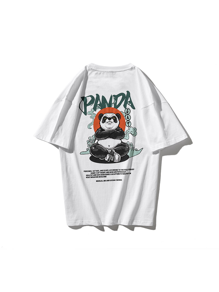 Cartoon Angry Panda Letter Printed Men'S Crew Neck T-Shirt