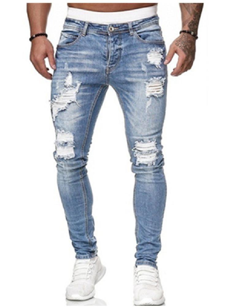 Men's Jeans Distressed Frayed Zip Fly Side Pocket Low Waist Long Skinny Jeans