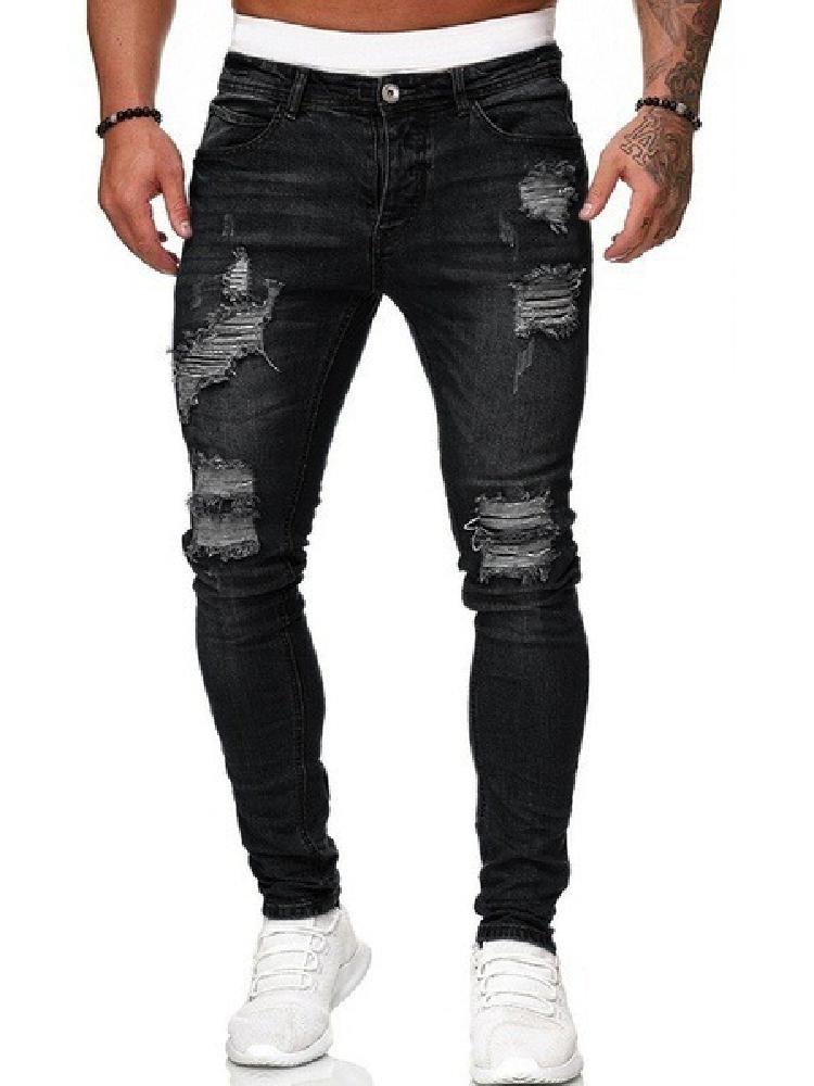 Men's Jeans Distressed Frayed Zip Fly Side Pocket Low Waist Long Skinny Jeans
