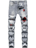 Printed Ripped Patch Tie Feet Jeans