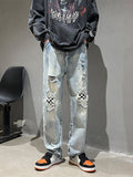Creative Design Ripped Checkerboard Mid-Rise Jeans