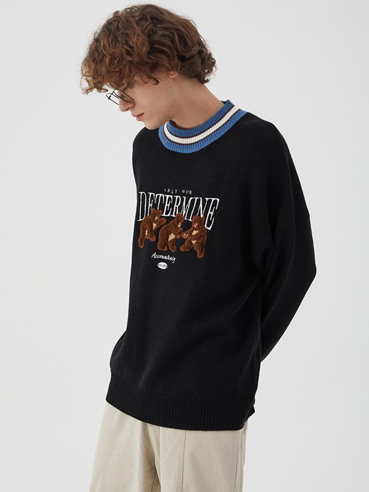 Bear Print Contrast Color Knit sweater
